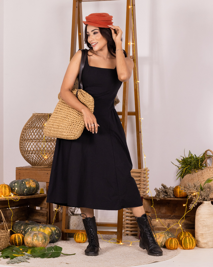 BELLA BLACK SQUARE NECK MIDI DRESS