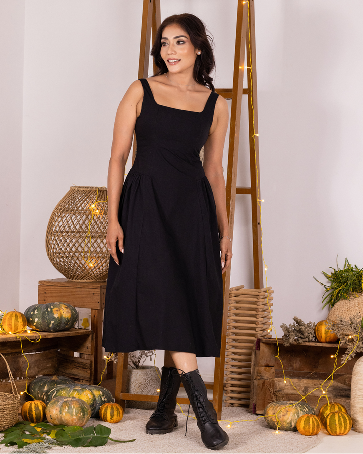 BELLA BLACK SQUARE NECK MIDI DRESS