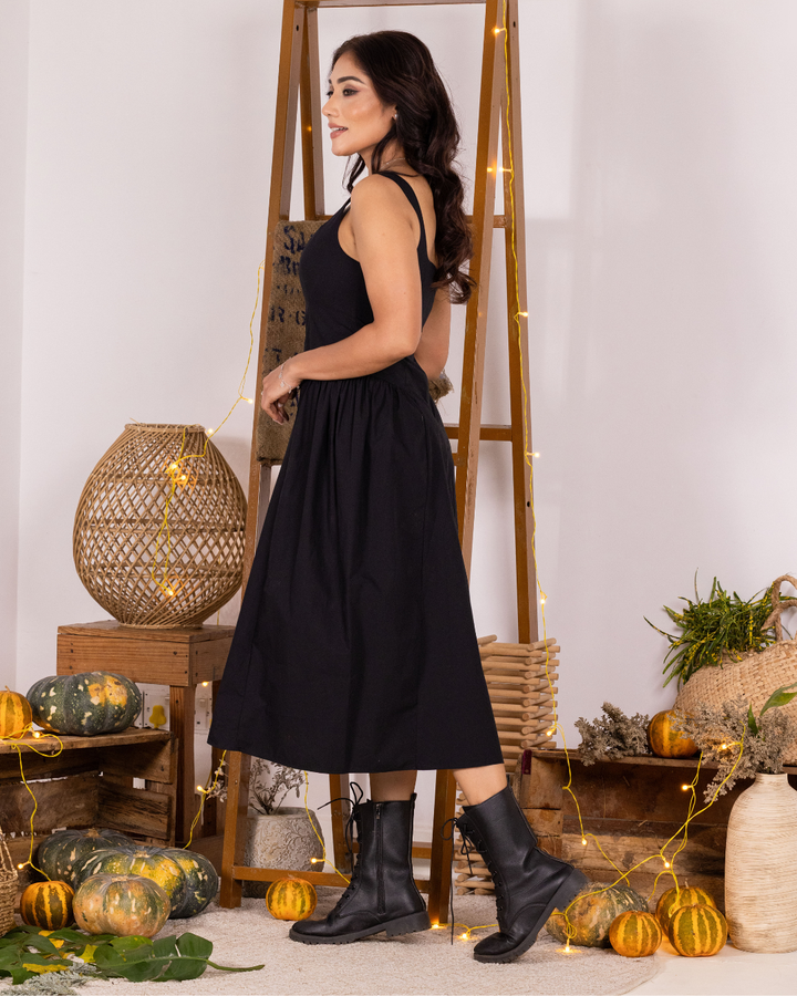 BELLA BLACK SQUARE NECK MIDI DRESS
