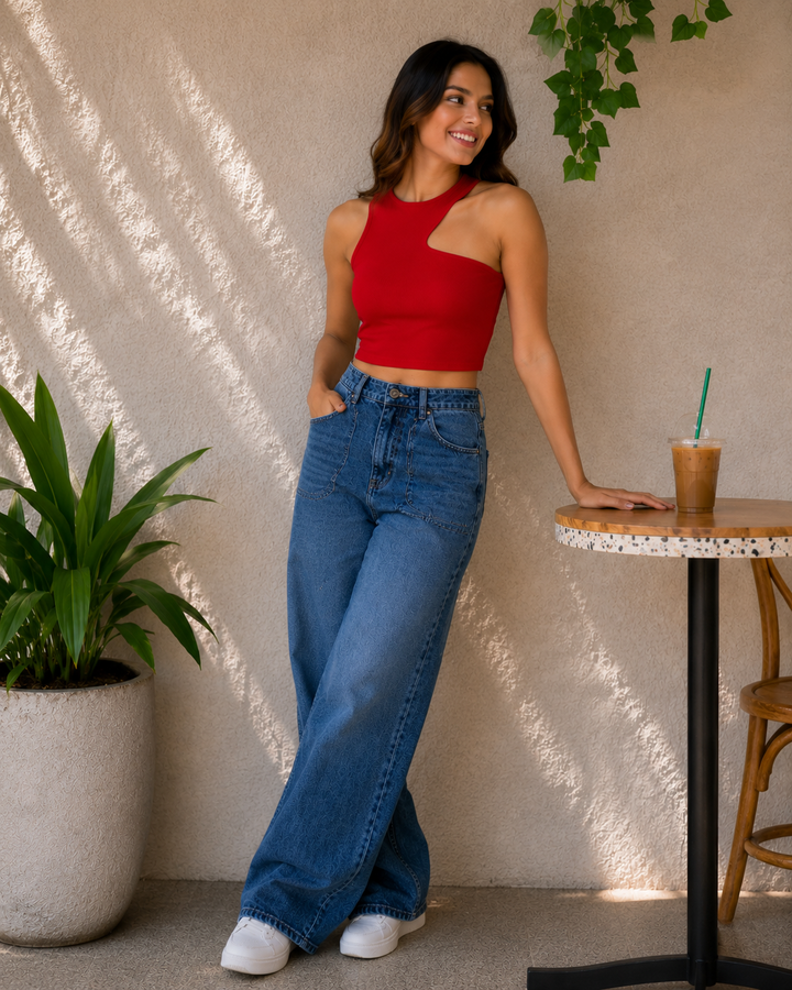SOYA SHOULDER RED CUT OUT CROP TOP