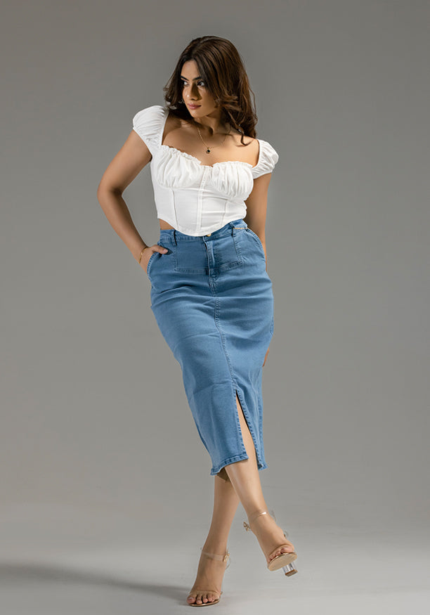 FELICY FRONT SLIT DENIM SKIRT 