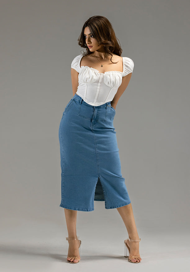 FELICY FRONT SLIT DENIM SKIRT 