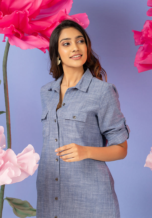 VAYO LONG SLEEVE LIGHT BLUE SHIRT DRESS