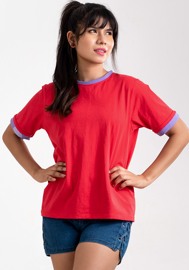 CONTRAST PIPING RED BAGGY T SHIRT
