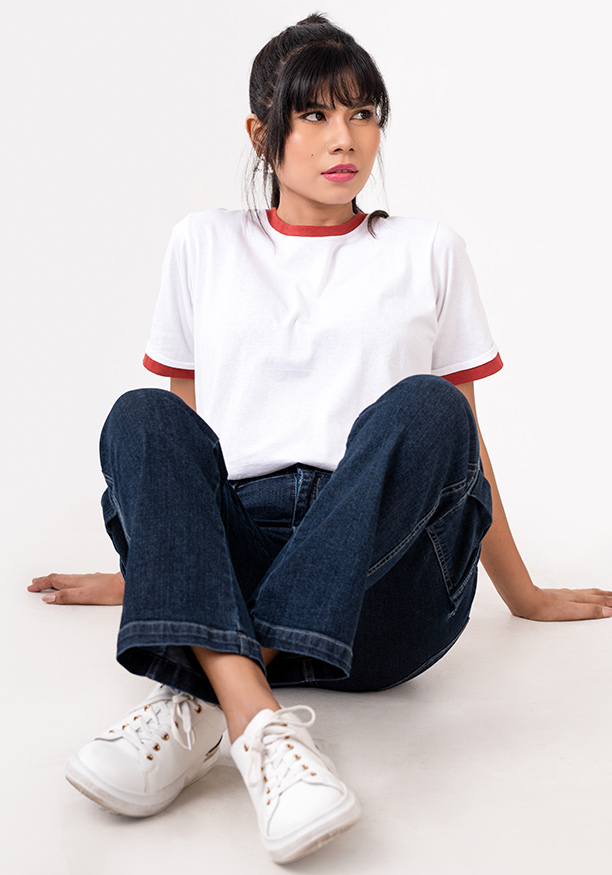 CONTRAST PIPING WHITE BAGGY T SHIRT