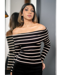 FITTED OFF SHOULDER BLACK STRIPE TOP 