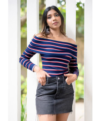 FITTED OFF SHOULDER BLUE STRIPE TOP 