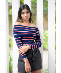 FITTED OFF SHOULDER BLUE STRIPE TOP 