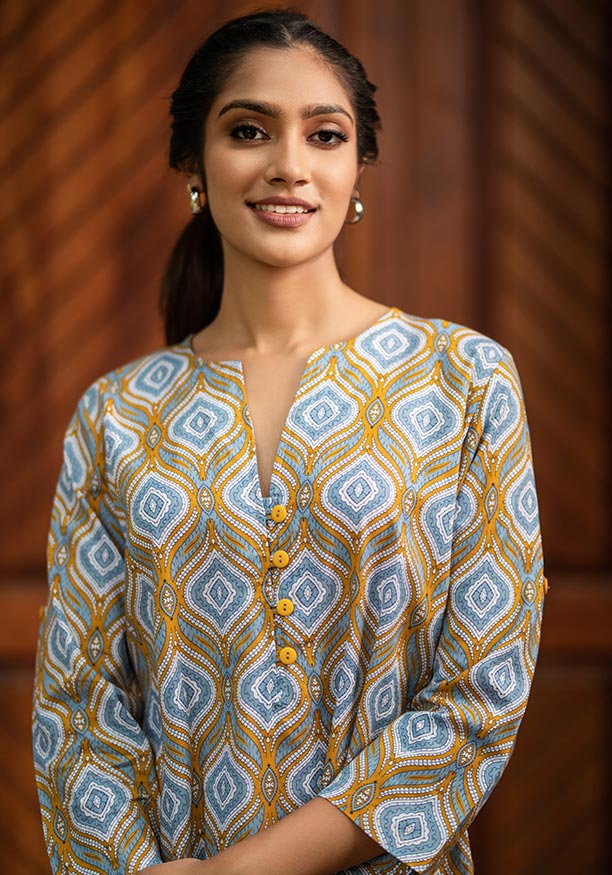 OLIVIA MUSTARD/BLUE PRINT KURTHA TOP 