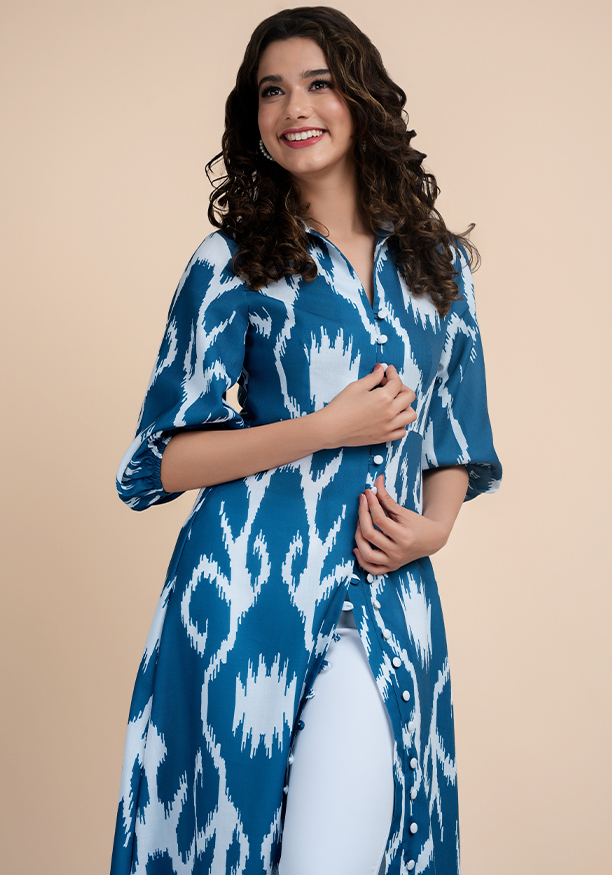 ABSTRACT PRINTED BLUE KURTHA 