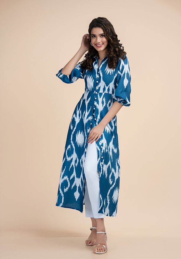 ABSTRACT PRINTED BLUE KURTHA 