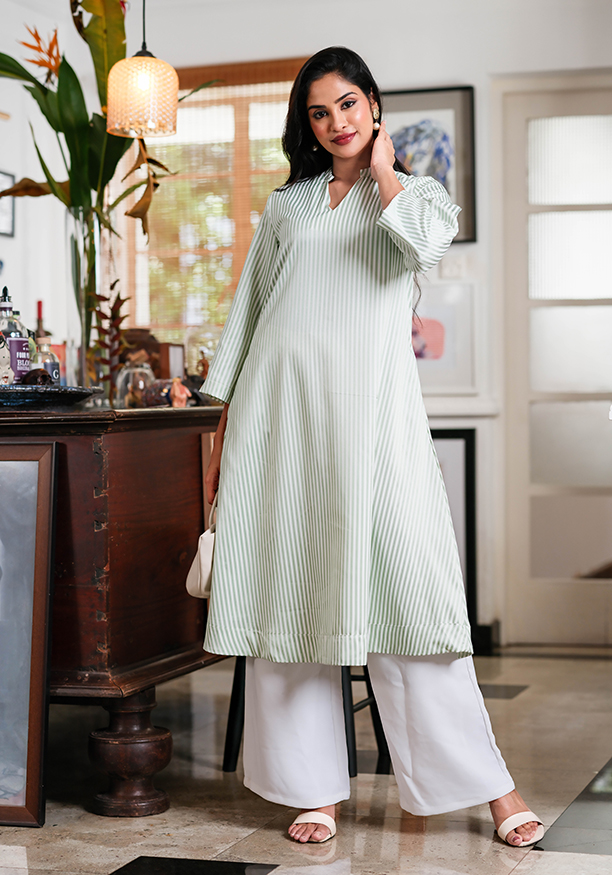 TAHIRA GREEN STRIPE KURTA Nilsonline