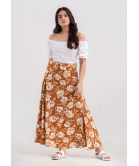 MIRIAM FLORAL SIDE SLIT BROWN  SKIRT