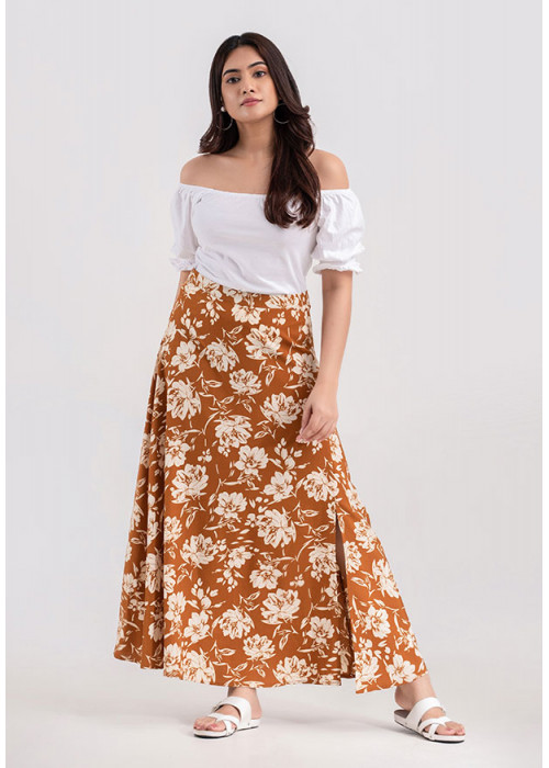 MIRIAM FLORAL SIDE SLIT BROWN  SKIRT