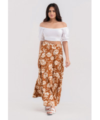 MIRIAM FLORAL SIDE SLIT BROWN  SKIRT