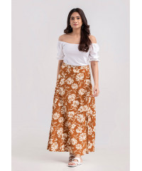 MIRIAM FLORAL SIDE SLIT BROWN  SKIRT