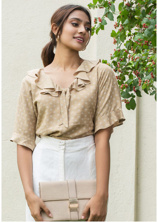 CASSENDRA FRONT FRILL BEIGE BLOUSE