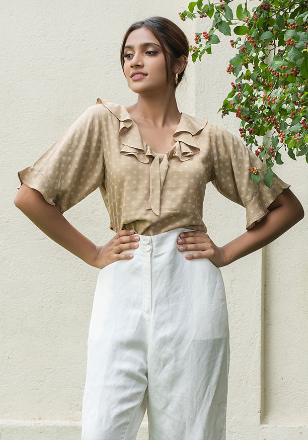 CASSENDRA FRONT FRILL BEIGE BLOUSE