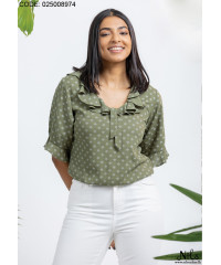 CASSENDRA FRONT FRILL GREEN BLOUSE