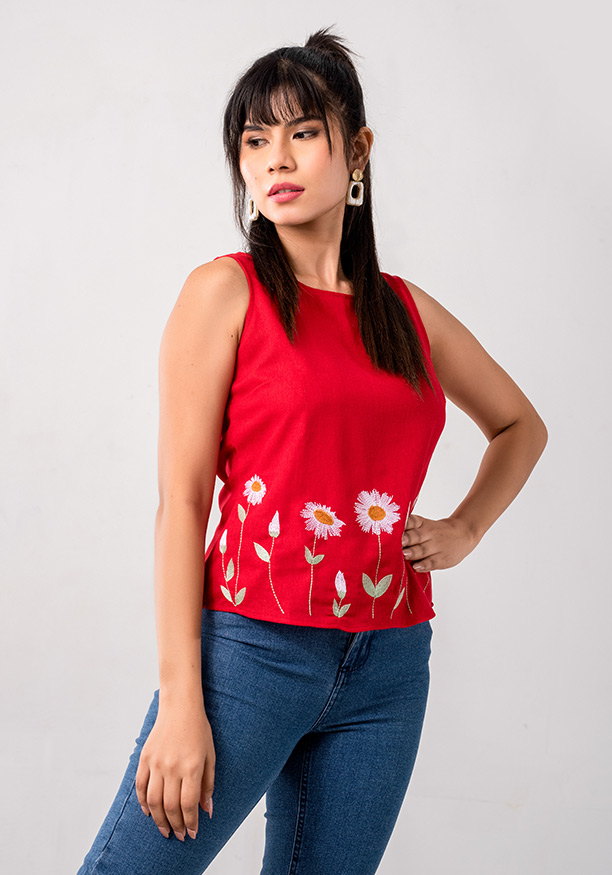 SUNFLOWER EMBROIDERY RED BLOUSE