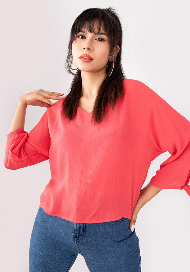 SLEEVE KNOT BAGGY RED BLOUSE 