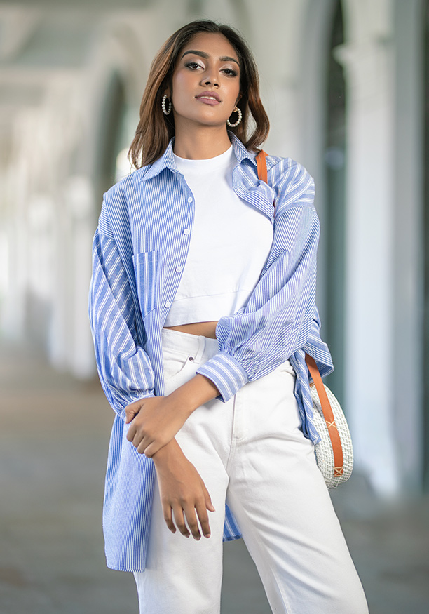 BRINLEY BLUE/WHITE STRIPE BLOUSE 