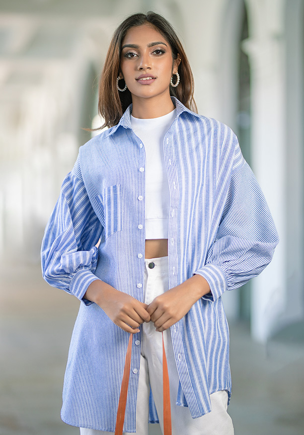 BRINLEY BLUE/WHITE STRIPE BLOUSE 