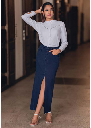 ERENA DARK BLUE FRONT SLIT SKIRT 