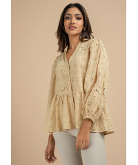 PUFF SLEEVE CUTLONG BEIGE BLOUSE