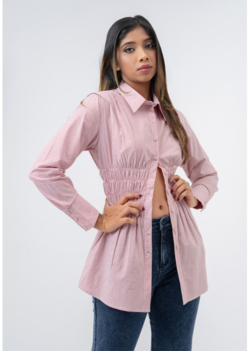 SHIRRED WAIST BUTTO UP PINK SHIRT