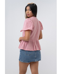 PINK CHECK PUFF SLEEVE BOW TOP