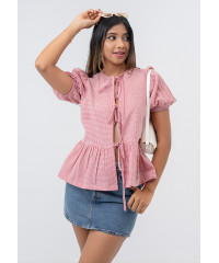 PINK CHECK PUFF SLEEVE BOW TOP