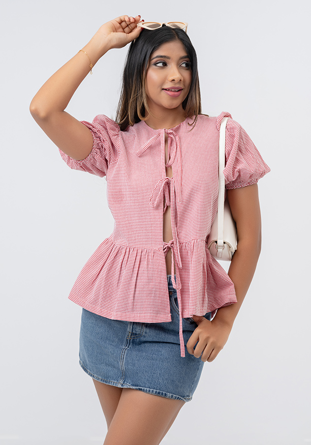 PINK CHECK PUFF SLEEVE BOW TOP