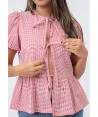 PINK CHECK PUFF SLEEVE BOW TOP