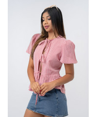 PINK CHECK PUFF SLEEVE BOW TOP