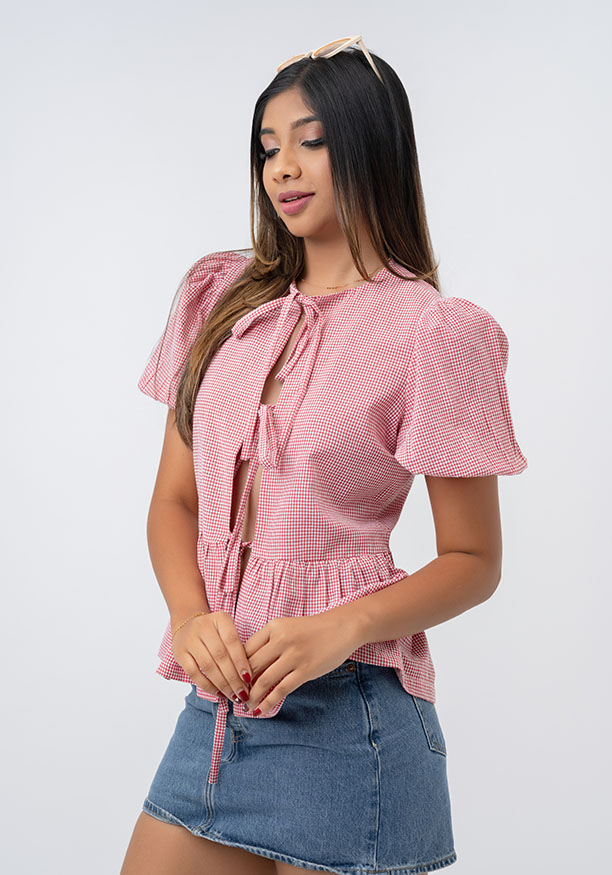 PINK CHECK PUFF SLEEVE BOW TOP