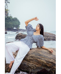 JULIA BLUE & WHITE PUFF SLEEVE BLOUSE