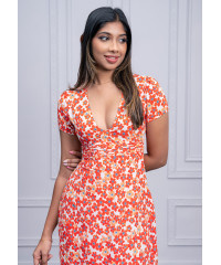 V CUT FLORAL MIDI DRESS