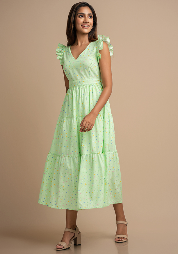 LILY GREEN PRINTED FRILL DRESS