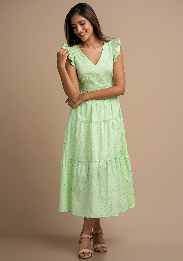 LILY GREEN PRINTED FRILL DRESS