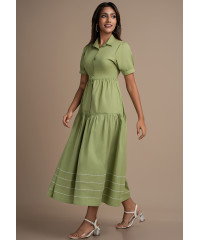 AVA GREEN DRESS WITH DECORATIVE LINES