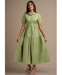 AVA GREEN DRESS WITH DECORATIVE LINES