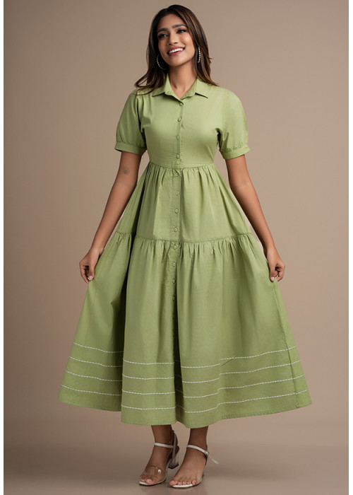 AVA GREEN DRESS WITH DECORATIVE LINES