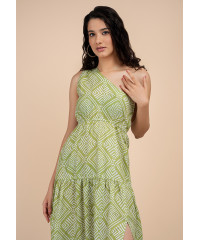 EMILIA GREEN PRINTED ONE SHOULDER DRESS