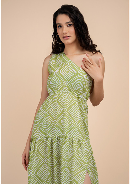 EMILIA GREEN PRINTED ONE SHOULDER DRESS