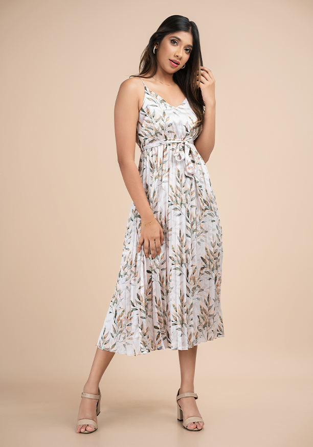 PLEATED PRINTED STRAPPY DRESS