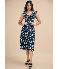 LORENA NAVY PRINTED PLEATED DRESS