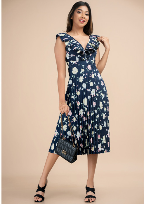 LORENA NAVY PRINTED PLEATED DRESS