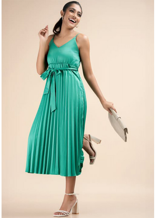PLEATED GREEN STRAPPY DRESS