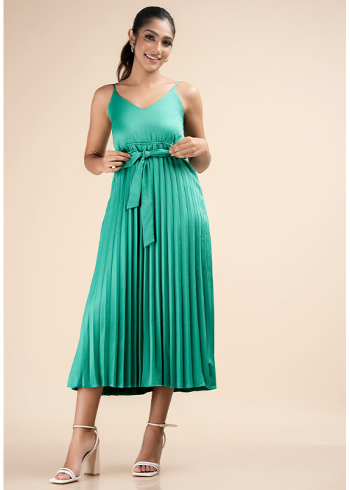 PLEATED GREEN STRAPPY DRESS